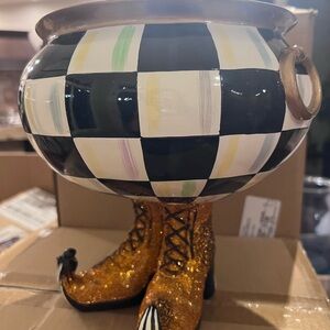 MacKenzie-Childs Black and White Checkered Pot with Gold Boots